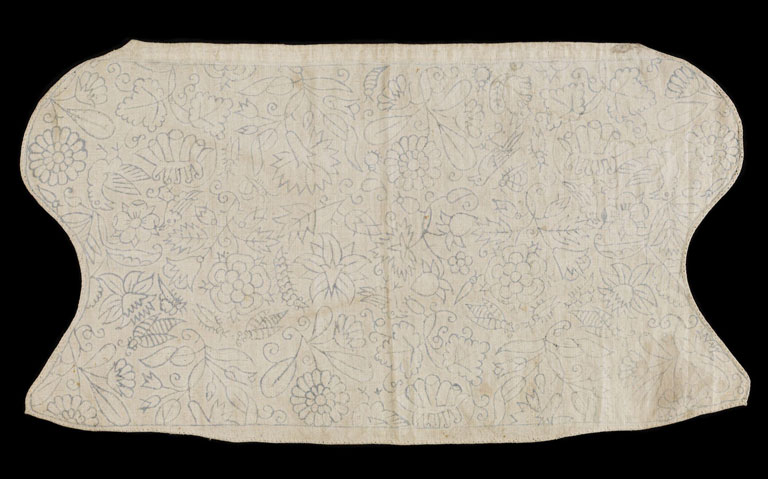 Unstitched coif of blackwork embroidery panel at the Victoria & Albert Museum in London
