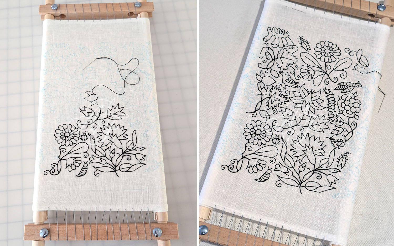 Embroidering a historical blackwork coif by hand, with outlining stitches in stem stitch and Holbein stitch