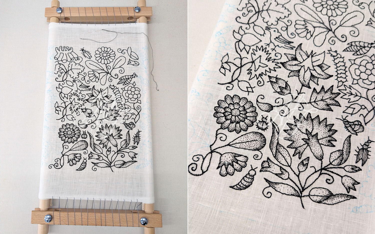 Embroidering a historical blackwork coif by hand, with shading done in seed stitches