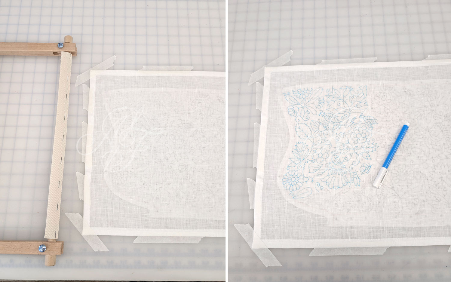 Tracing the motifs for a blackwork embroidery coif from the 17th century using white linen and a clover washable pen