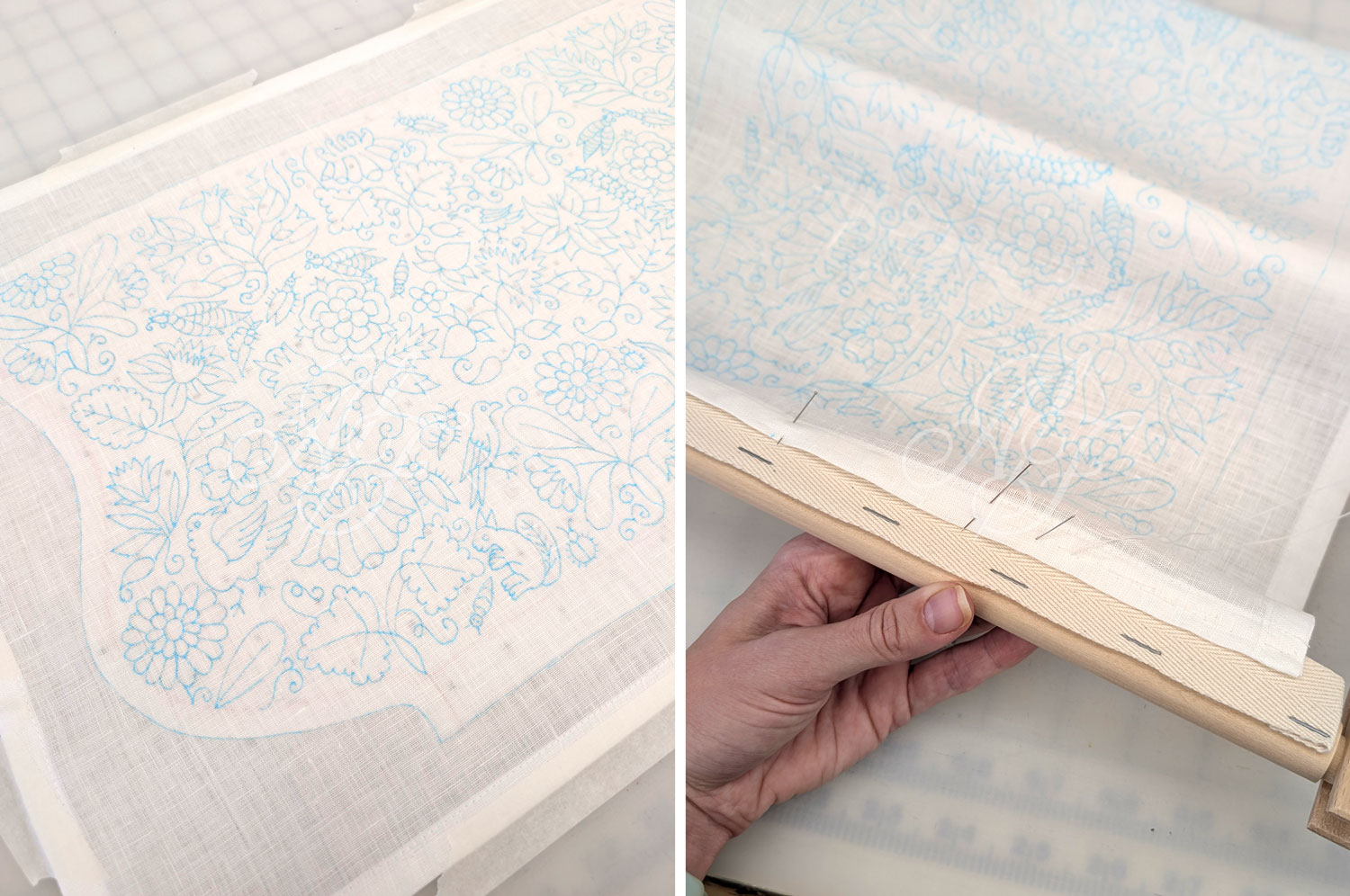 Sewing a blackwork coif design onto a rotating frame for embroidery
