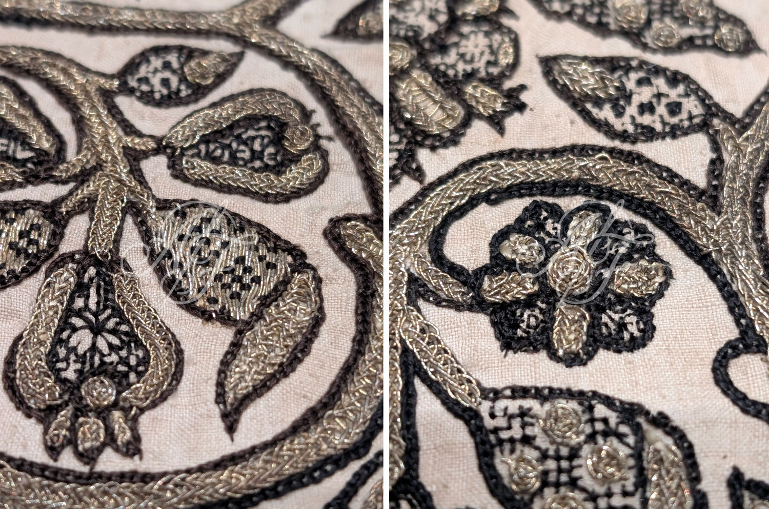 Details of the silver-gilt braid and blackwork embroidery on a 1575-1599 English linen coif