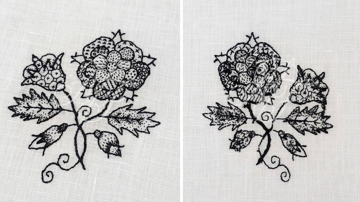Floral design of Elizabethan blackwork with counted thread fill patterns