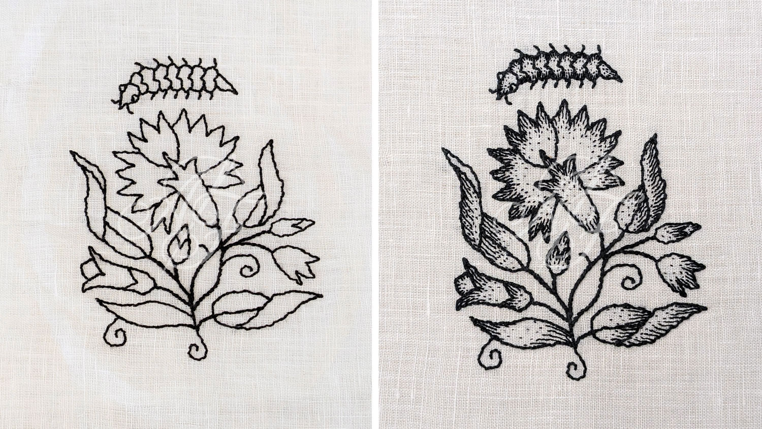 Floral design of Jacobean blackwork with shaded and seed stitch infill patterns