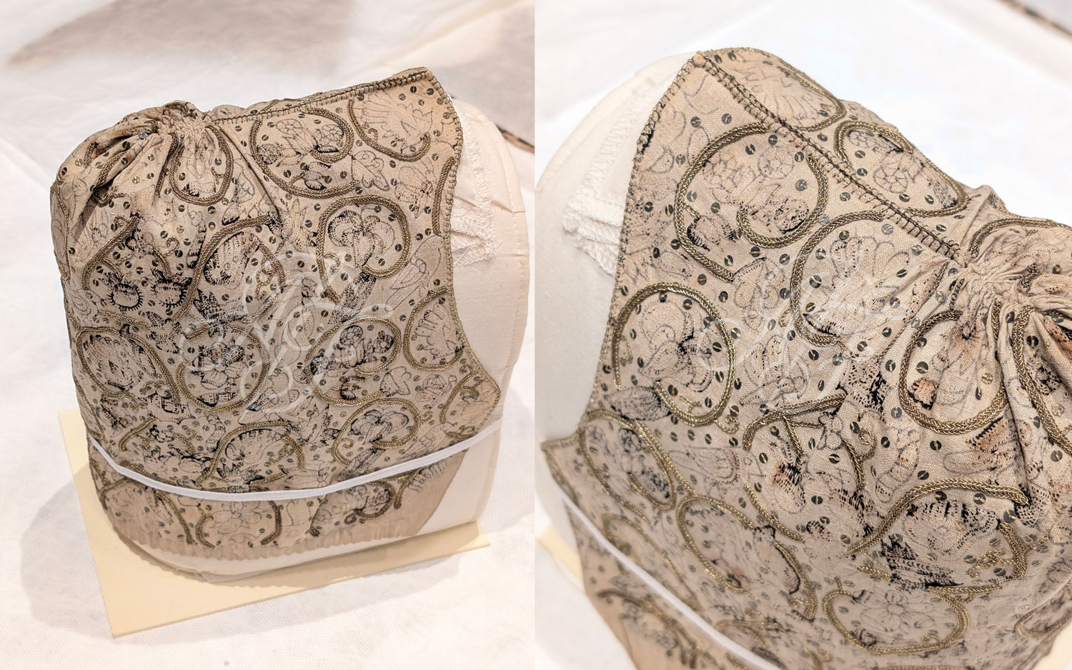 Late renaissance linen coif with blackwork and goldwork embroidery at the V&A Museum