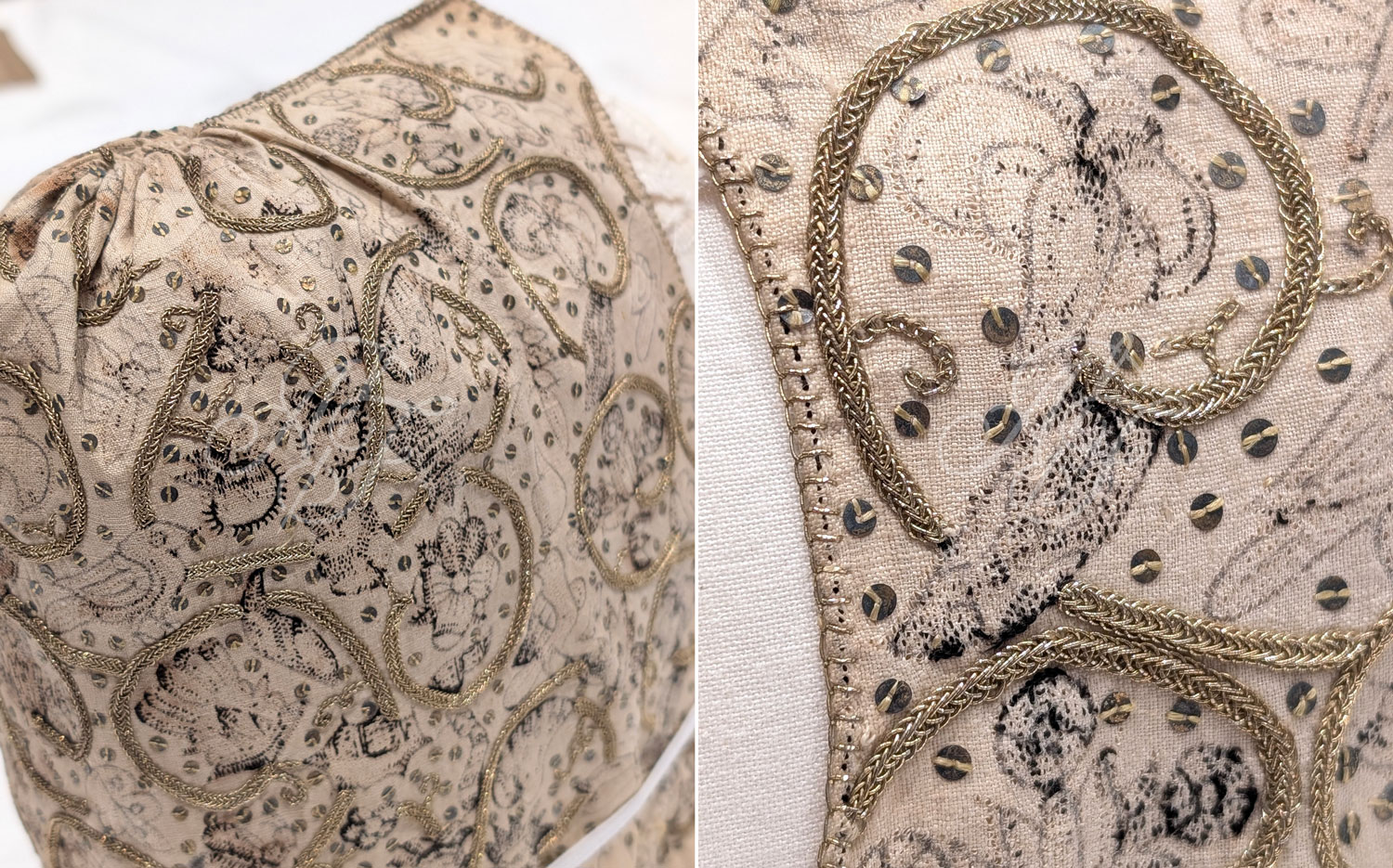 Embroidery details of 17th century Stuart era blackwork and goldwork on a linen coif