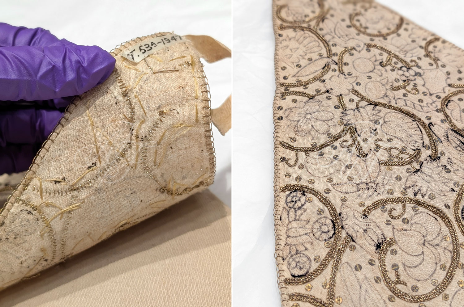 Details of a Jacobean coif and forehead cloth set at the V&A