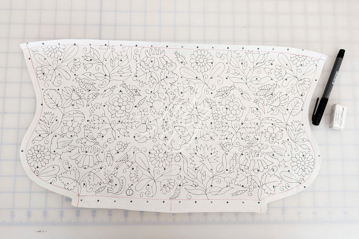 Hand drawn blackwork design of the Unstitched Coif Project
