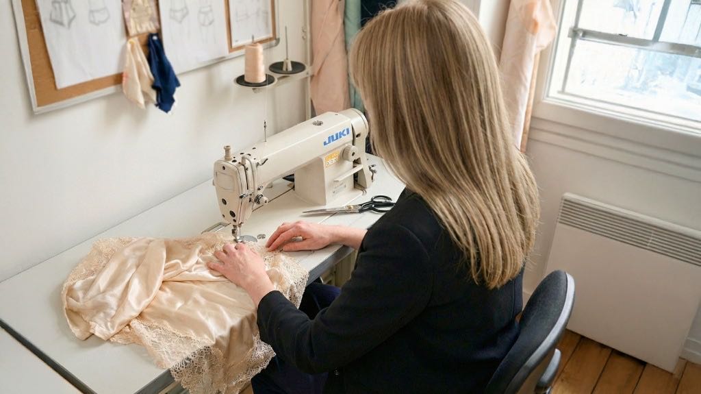 Historical costumier Angela Friedman, sitting at an industrial sewing machine in her London workroom