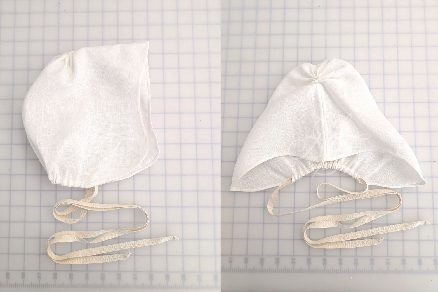 Elizabethan coif in white linen with twill tape ties and gathering under the nape of the neck