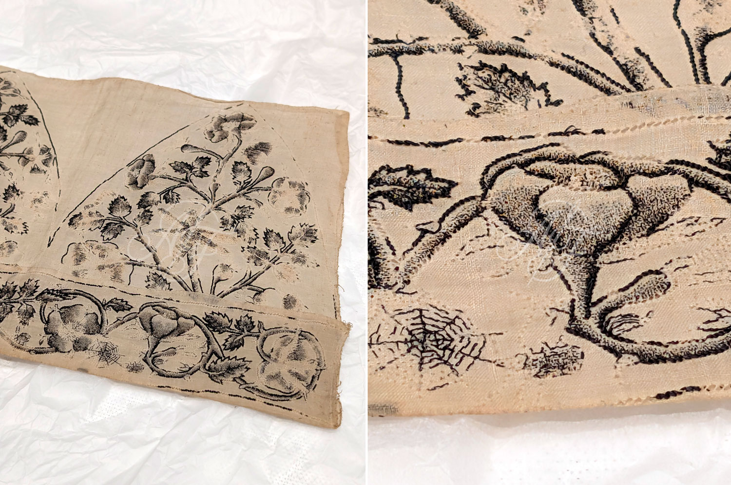 Blackwork embroidery with seed stitches and naturalistic shading from the early 17th century in England