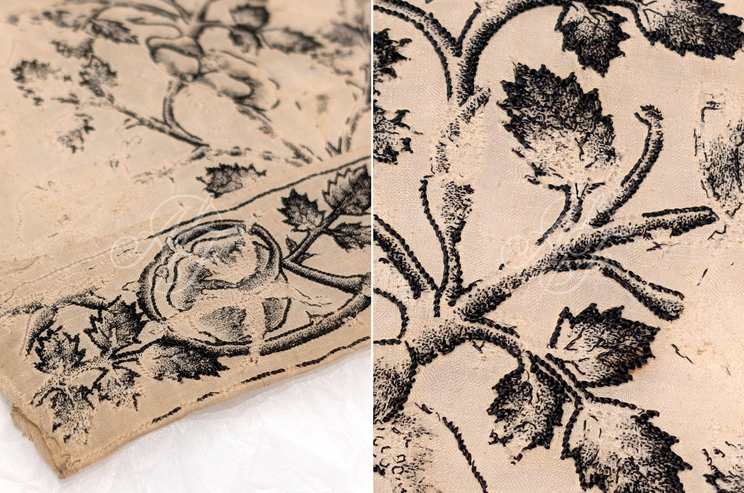 Blackwork embroidery from the 17th century in very tiny seed stitches and stem stitch
