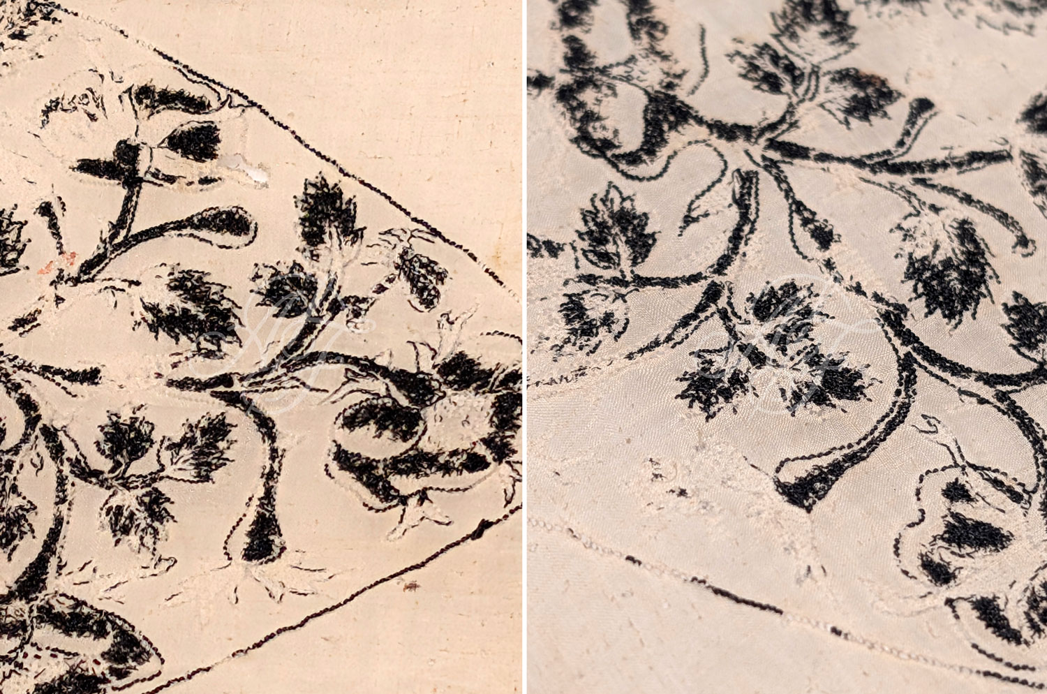 Back side of 17th century embroidery with blackwork silk threads on flowers and leaves